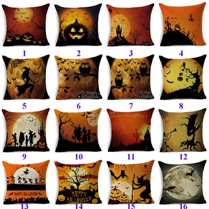 Collage of 16 Halloween pillow covers featuring pumpkins, witches, and bats designs