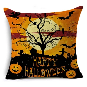 Close-up of square cotton linen Halloween pillowcase with Happy Halloween text and bat design