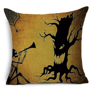 Detail view of linen Halloween pillowcase with skeleton and spooky tree silhouette