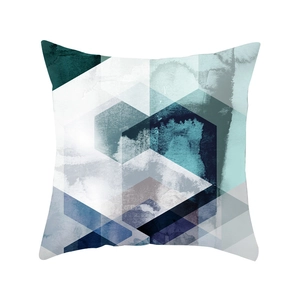 Nordic square pillowcase featuring blue and grey geometric watercolor patterns on soft fabric