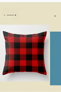 Close-up of red and black buffalo plaid cushion cover with digital print quality