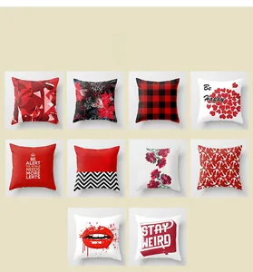 Detail showing 10 assorted red and white patterned decorative pillow cases in matrix layout