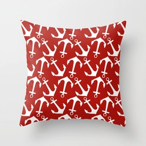 Square red decorative pillow cover with white anchor pattern for home sofa and car