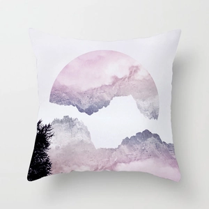 Modern pink marble abstract geometric cushion cover with mountain landscape and pine tree silhouette