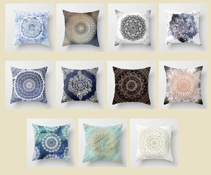 Selection of eleven Bohemian mandala pattern square cushion covers in various colors