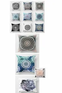 Close-up of mandala patterns and soft peach skin fabric on bohemian cushion covers