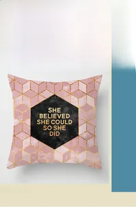 Detail of pink geometric sofa pillow cover with motivational text on peach skin fabric