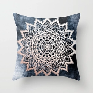 Ethnic Mandala peach skin square throw pillow cover with blue marble and rose gold patterns