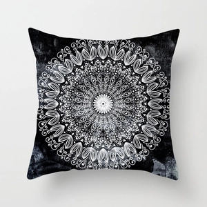 Ethnic mandala patterned black and white peach skin sofa cushion cover in square shape