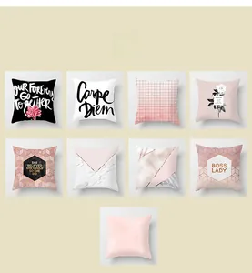 Detail view of nine geometric and marble print peach skin polyester pillow covers