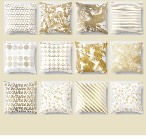 Grid view of 12 geometric sofa pillow covers with golden patterns on white polyester fabric