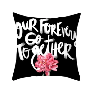 Square pink floral and letter print pillowcase made of smooth polyester peach skin fabric