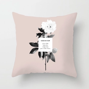 Pink geometric throw pillow cover with floral peony pattern and artistic quote