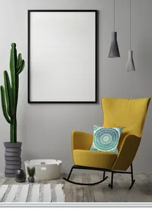 Blue mandala print cushion cover in old coarse cotton on a bright yellow chair