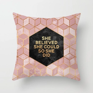 Pink geometric marble sofa pillow cover with gold hexagonal pattern and inspirational text