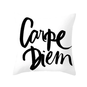 Pink geometric polyester sofa pillow case with Carpe Diem quote on white background