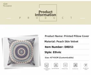 Detail of bohemian mandala peach skin pillowcase with washing instructions and size info