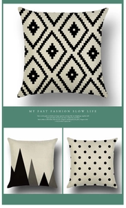 Macro view of geometric black linen pillowcase featuring mountain and dot patterns