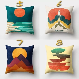 Close-up of four artistic cushion covers featuring retro abstract sunrise and wave patterns