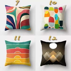 Set of four modern square pillow covers featuring abstract sunrise and geometric patterns