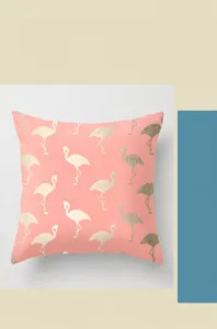 Detail of pink polyester cushion cover featuring decorative flamingo print patterns