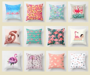 Polyester throw pillow covers featuring diverse flamingo patterns in a 3x4 grid display