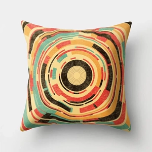 Detail of square cushion cover with retro abstract sunrise geometric concentric patterns