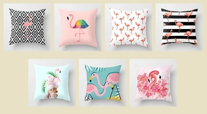 Detail view of seven creative flamingo pattern cushion covers with various artistic styles