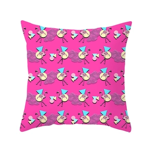Pink polyester square cushion with pop art flamingo and geometric patterns