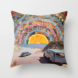 Detail of square canvas pillowcase featuring vintage sunrise collage and retro vans print