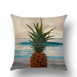 Detailed texture of linen pillowcase with tropical pineapple and sunset beach print