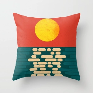 Detailed macro view of a square throw pillow featuring a minimalist sunrise art pattern