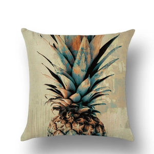 Close-up of linen fabric texture featuring artistic retro pineapple print with warm colors