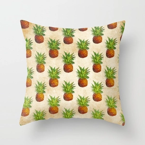 Detail of tropical pineapple watercolor print on textured linen throw pillow cover