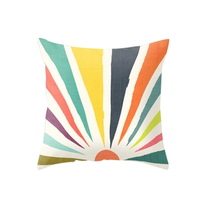 Square beige decorative throw pillow cover with a colorful abstract sun and line pattern