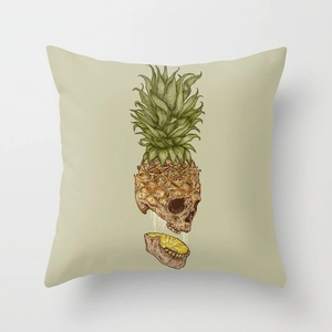 Close-up of linen pillow cover featuring creative pineapple skull illustration design