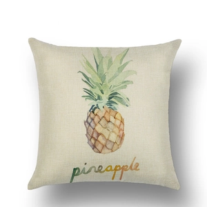 Detailed texture of linen throw pillow cover featuring a watercolor pineapple design