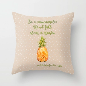 Detailed view of linen pillowcase with pineapple illustration and be a pineapple text