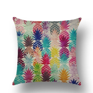 Close-up showing the textured linen fabric and colorful pineapple pattern of the pillowcase