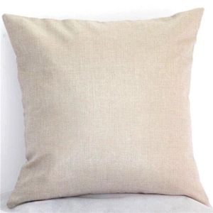 Detailed view of square linen pillowcase with natural plain weave texture and beige fabric