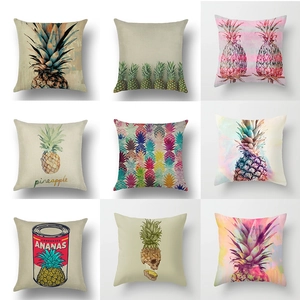 Linen pillow covers set featuring diverse tropical pineapple art prints in 3x3 grid