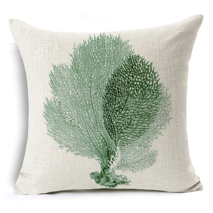 Linen ocean style pillowcase featuring green coral print on a cream background