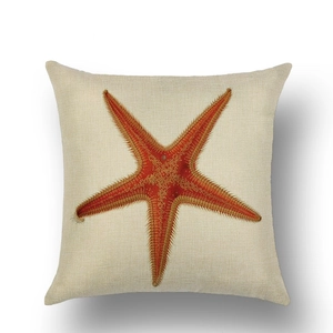 Linen square throw pillow cover featuring hand-painted orange starfish ocean theme design