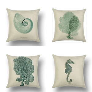 Nautical Ocean Style Marine Life Seahorse Starfish Coral Print Linen Throw Pillowcase Decorative Cushion Cover For Sofa Couch Home Decor
