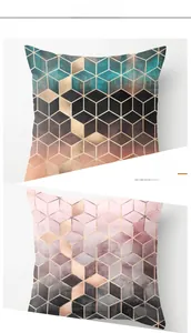 Detail of pink and teal geometric marble pattern pillow covers with fine stitching