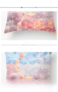 Detail of pink and blue geometric marble pillow case with golden metallic lines