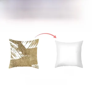 Detail view of square peach skin pillowcase showing gold marble print and plain white back