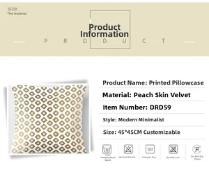 Detailed view of peach skin pillowcase with gold geometric pattern and wash care icons
