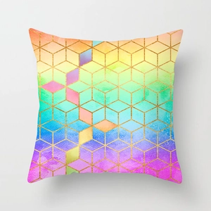 Rainbow geometric cube throw pillow cover with golden texture on gray background