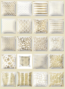 Detailed grid of twenty white and gold peach skin pillow covers with luxury geometric patterns